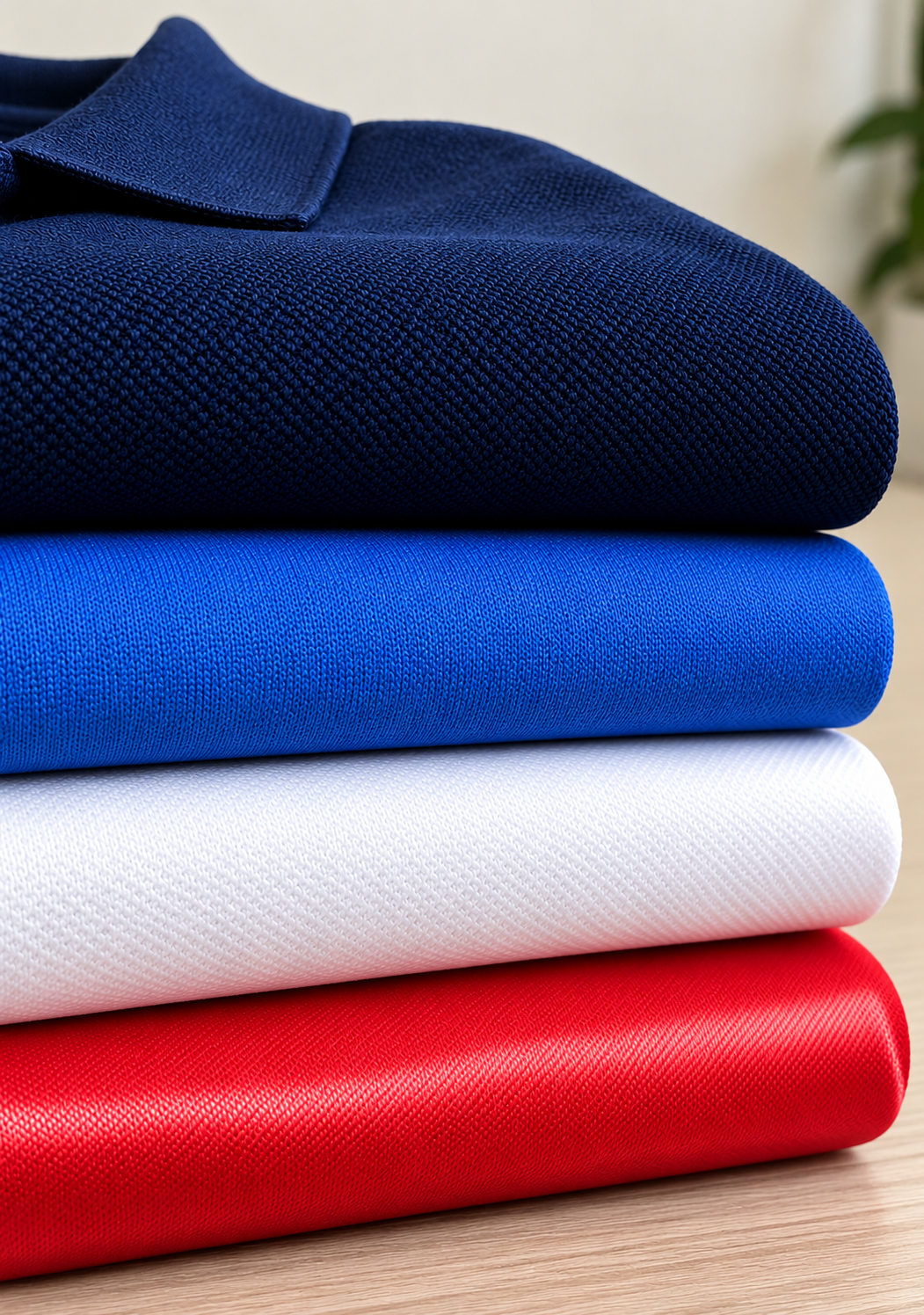 Folded stack of polo shirt fabrics: cotton pique, CVC, drifit and polyester